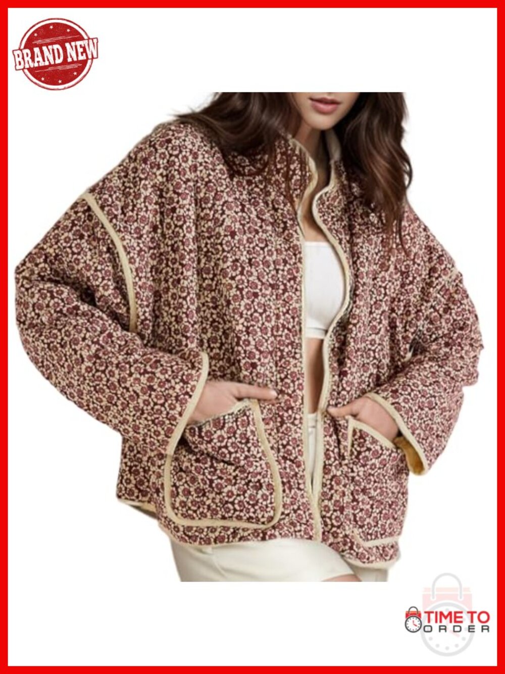 Women's Cropped Puffer Quilted Jacket Vintage Floral Print Open Front